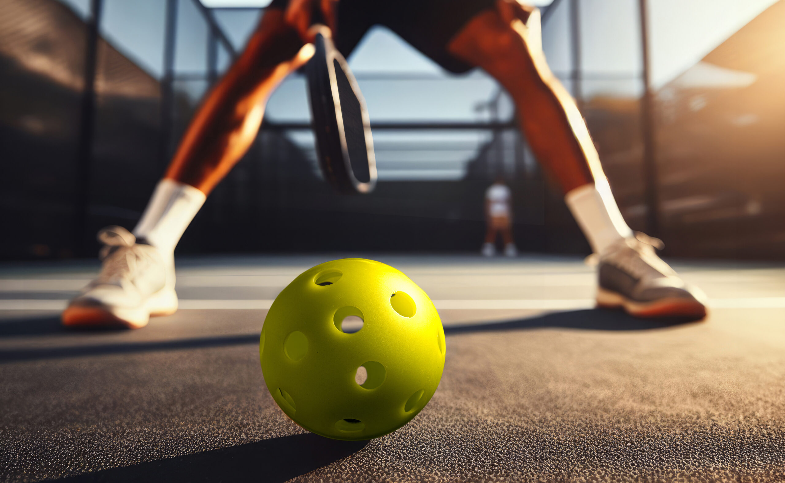 Close up of a pickleball ball on court. Selective focus. Pickleball is America fastest growing sport