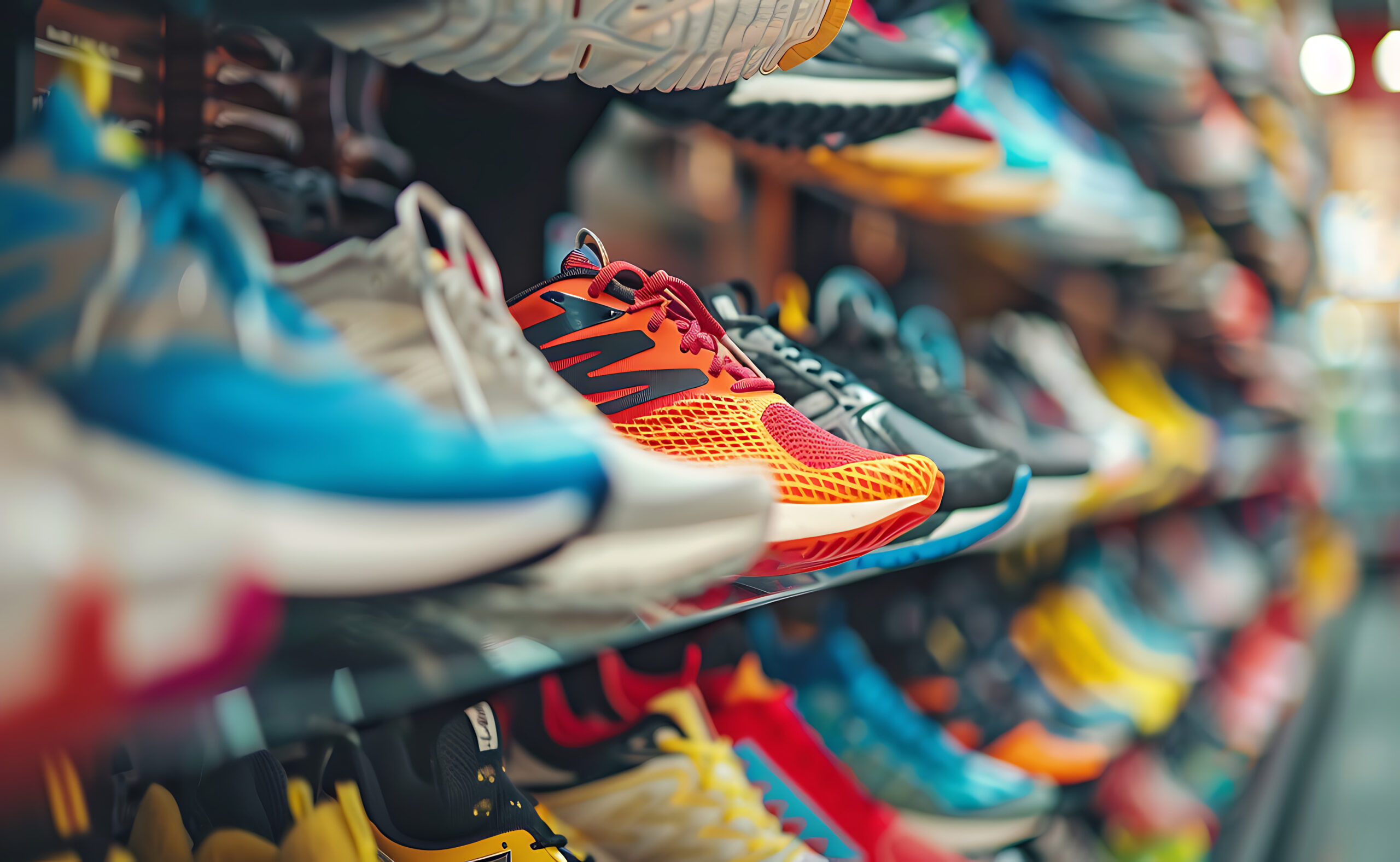 Running sport footwear shoes collection in a store shop. Choosin